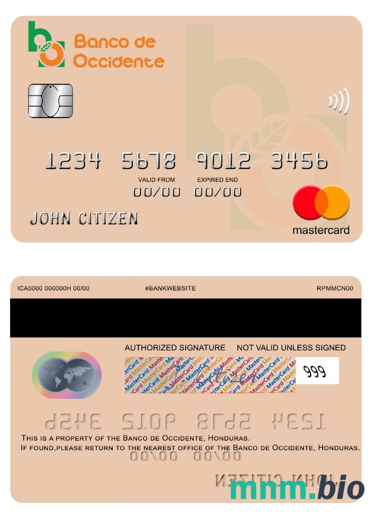 Honduras Banco de Occidente przykład karty mastercard w formacie PSD